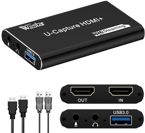 Wiistar Audio Video Capture Card 1080P60fps USB3.0 HDMI Video Recording Device Support YUY2 4K30Hz HDMI Loopout with Microphone for Game Recording Live Streaming Compatible with Windows Mac OS System