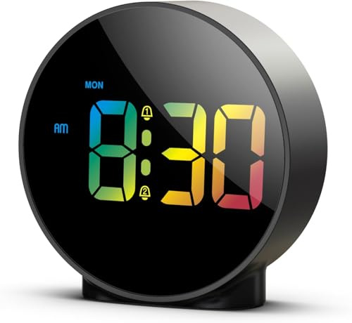 OQIMAX Digital LED Alarm Clock, Alarm Clocks Bedside with Colorful HD Curved Display, Battery/USB Powered Digital Clock with Snooze, 4 Adjustable Brightness, 2 Alarms, 12/24Hr for Bedroom, Office