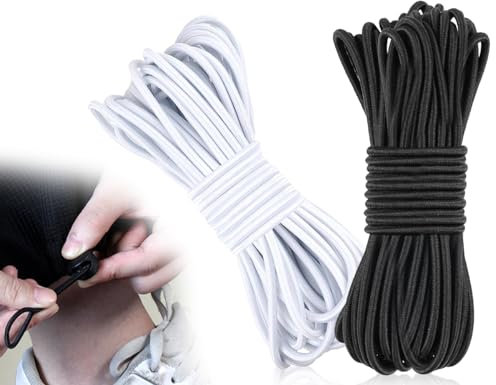 Lhbwhiz 2 Piezas Cordones Elásticos de Goma,Hilo de Cuerda de Goma Alta Elasticidad,Banda Elástica para Coser,Cordón de Goma Redondo,Cordón de Goma (Blanco y Negro,3 mm x 10 m)