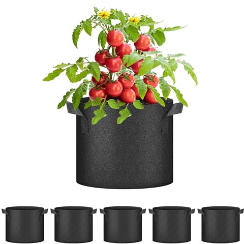 HealSmart Pflanzbeutel für Tomaten, Pflanztöpfe mit Griffen, Belüftung, Vliesstoff, robuster Garten-Pflanzgefäß für Gemüse, Kräuter und Blumen, Schwarz, 2,7 l, 5 Stück