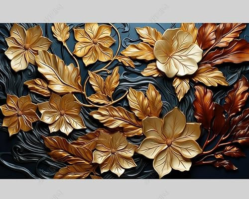 MZOwallpaper Papier Peint Intissé Relief À La Feuille D’Or Poster Tableaux Muraux Tapisserie Photo Trompe L'Oeil Salon Chambre Art Mural 250Cm(L) X175Cm(H)