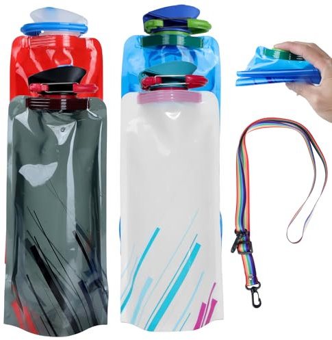 ROTKUSZ 4 Stück Zusammenklappbare Flexible Trinkflasche, 700ML Faltbare Wasserflaschen, Wiederverwendbare Wasserflasche mit Schraubverschluss, Tragbarer Faltbarer Wassersack für Wandern Abenteuer