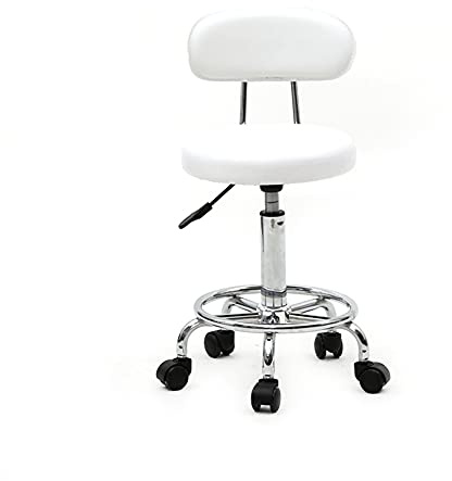 Bonnlo Taburete con Ruedas y Respaldo en Altura (77-87 cm), Giratorio 360° y Ajustable, Revestido en PU, para Salón de Masajes, Manicura y Oficina, Blanco