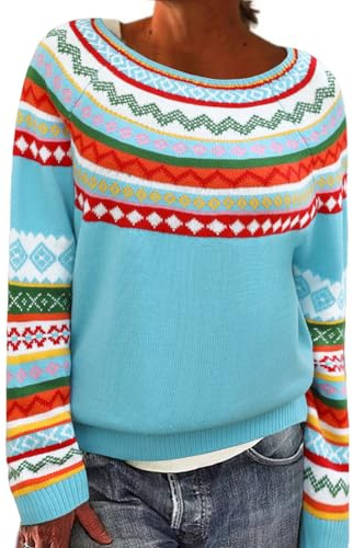 PASUDA Pullover Damen Casual Rundhals Strickpullover Winter Warm Weich Knit Pulli Lässig Lose Winterpullover Damenpullover Drucken Jumper Sweater (Mehrfarbiger Fair Isle, M)