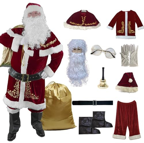 Disfraz de Papá Noel de 8 piezas para adultos y hombre, color rojo, disfraz de Papá Noel, disfraz de Santa Claus, disfraz de Papá Noel