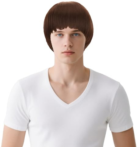 Plipdhy Herren Perücke Schwarz Perücke Kurze mit Pony,60er 70er Topfschnitt perücke Party Kostüm Cosplay Für Mann Täglich Halloween Karneval(Braun)