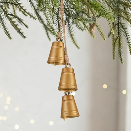 Weihnachtsglöckchen zum Aufhängen,Vintage Goldene hängende Kuhglocken mit Seilglocke,Rustikale Metall Hängenden Glocken Ornament für Weihnachtsbaum, Treppe Geländer, Tür, Garten