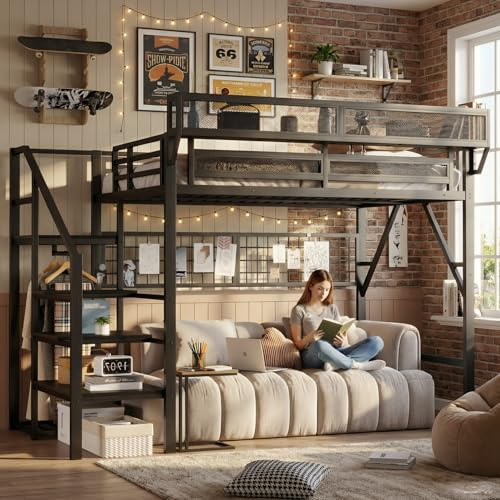 MoproBeti Full Size Loft Bed with Stairs, Metal Gaming Loft Beds Frame with Storage Shelf, Wardrobe & LED Lights, Space-Saving High LoftBed with DIY Grid Panel for Teens Adults,Black