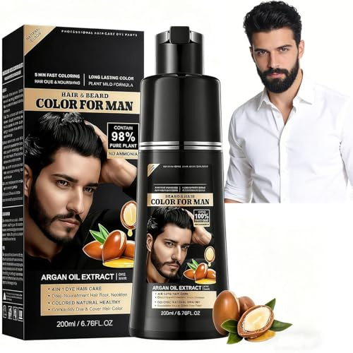 Noir Coloration Homme 4-en-1 Black Hair Dye Shampoo,Teinture Barbe Homme Naturelle et Semi-Permanente,Shampoing Colorant Noir pour Cheveux et Barbe,Hair Color Shampoo Facile à Domicile,Soin Doux