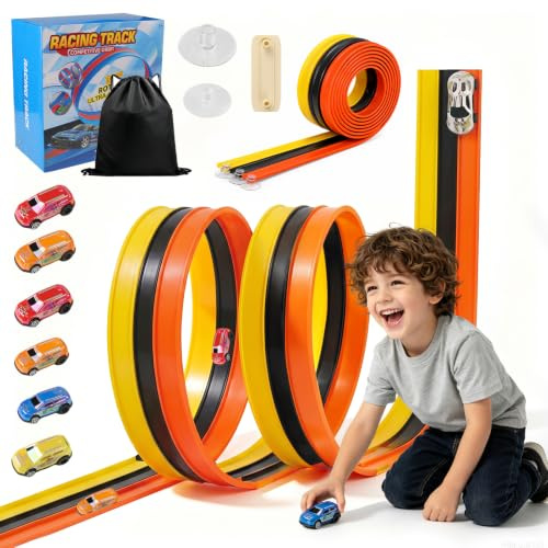 Bztzhm 5M Flexible Autorennbahn Kinder, 3-in-1 Rennstrecke mit Rampen, Tragbare Rennbahn Flexibel mit 6 Autos & Saugnapf-Basis, Inklusive Tragetasche - Geschenk ab 3 Jahren(Orange, Gelb, Schwarz