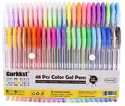 Gurkkst 48 Stück Glitzer Gelschreiber Gelstifte Multicolor Gel Stift Set Zeichnen und Schreiben(12 Metallic + 12 Glitzer + 12 Neon + 12 WaterChalk)