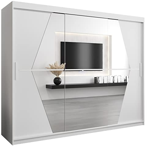 KRYSPOL Schwebetürenschrank Boliwia 250 cm mit Spiegel Kleiderschrank mit Kleiderstange und Einlegeboden Schlafzimmer- Wohnzimmerschrank Schiebetüren Modern Design (Weiß)