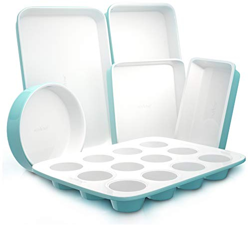 NutriChef Bakeware Set 6-Piece, Carbon Steel Kitchenware with Ceramic Nonstick Coating, Includes 12-Cup Muffin Tray, Cake Mold, Loaf Pan, Wide Baking Tray, Cookie Sheet, Turquoise