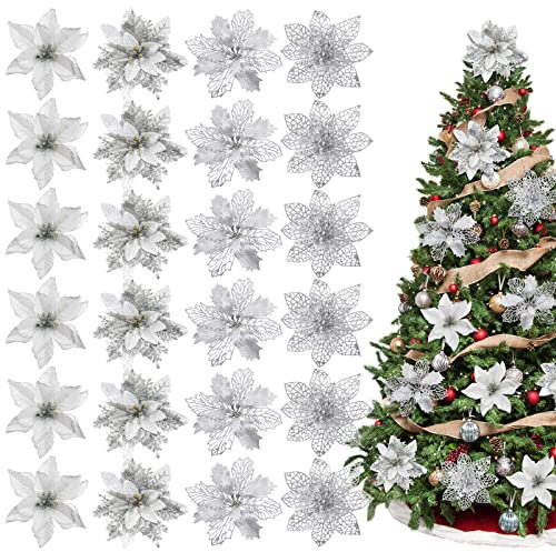Whaline 24Pcs Christmas Poinsettia with 24Pcs Clips 4 Design Glitter Silver Artificial Flower Winter Party Supplies for Xmas Tree Ornament Wedding Birthday Wreath Decoration