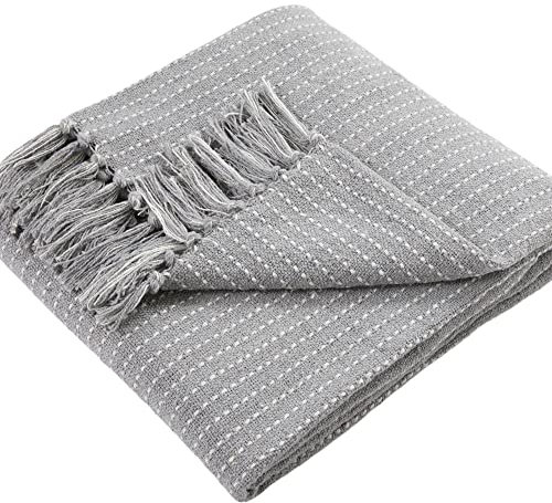 Drift Home - Jeté Gris avec Pompon (180 x 130 cm) - Coton Recyclé Durable - Couverture Tissée à Rayures - Jeté de Canapé Texturé - Couverture/Jet de Lit - Décoration d'Intérieur