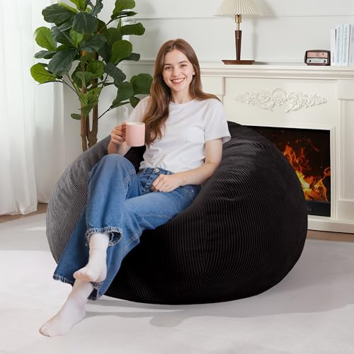 Homguava 3FT Bean Bag Chair: Teardrop Bean Bags with Memory Foam Filled, Compact Beanbag Chairs Soft Sofa with Corduroy Cover (Black)
