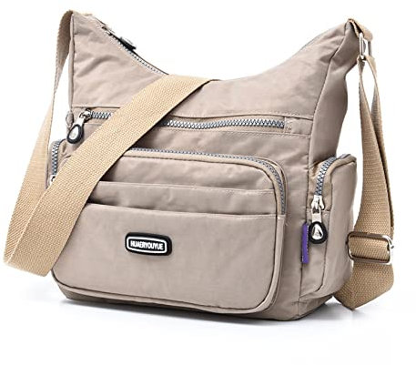 NOTAG Umhängetasche Damen, Leichte Schultertasche Damen Wasserdicht Nylon Mehrfach-Taschen RFID Handtasche Umhängetasche (Beige)