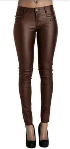 Pantalones de cuero sintético para mujer con cremallera elástica, pantalones de cuero sólidos, cintura alta, negros, marrón, M