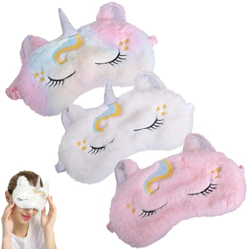 DALAETUS 3 Pezzi Unicorno Mascherina per Dormire Set, Maschera per Dormire, Benda Occhio Peluche Carino Animale Elastica per Donne Ragazze Adulti Bambini