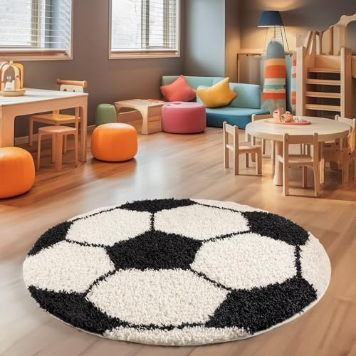 SIMPEX Kinderteppich Rund 100 cm Schwarz Weiß Weicher Hochflor Spielteppich mit Fußball Motiv Pflegeleicht & rutschfest Ideal für Jungenzimmer & Mädchenzimmer im Jugendstil