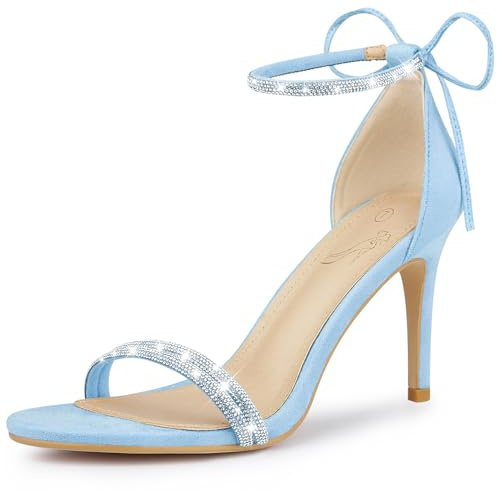 Perphy Women's Round Toe Rhinestone Stiletto Heels Ankle Tie Sky Blue Sandals 8 M US