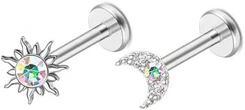 Niaspi 2Pcs 16G Sun Moon Labret Monroe Lip Rings Stainless Steel Lip Labret Studs Tragus Helix Cartilage Stud Earrings AB Color Body Piercing Jewelry 8mm