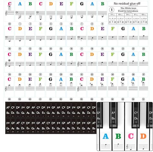 Klavier Keyboard Aufkleber,37/49/54/61/88 Piano Sticker Weiß und Schwarze Tasten,Transparente Keyboard Noten Aufkleber Piano Stickers für Keyboards Piano Lernen Anfänger