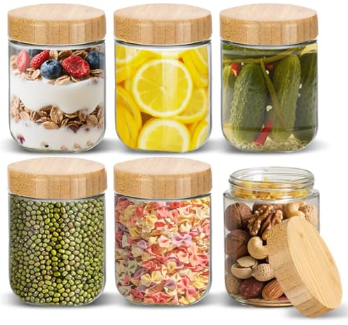 6 x Meal Prep Gläser 500ml, Overnight Oats Gläser mit Holzdeckel, Einmachgläser mit Schraubverschluss, Glasbehälter für Müsli to Go, Pudding, Marmelade, Joghurt, Einlegen, Frischhaltedosen aus Glas