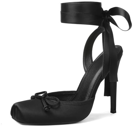 Celbreez Ballet Heels Satin Stiletto Heels for Women Close Square Toe Slingback Bow Lace Up High Nude Heel Women's Pumps Strappy Mary Jane Ballerina Heel Party Wedding Cute Shoes