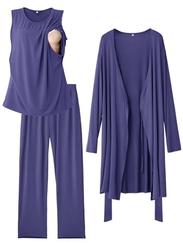 Rnxrbb Nursing Pajamas Gown Set for Women Breastfeeding Postpartum Pajama Maternity Pj for Hospital 3 PCS,Purple Blue 2XL