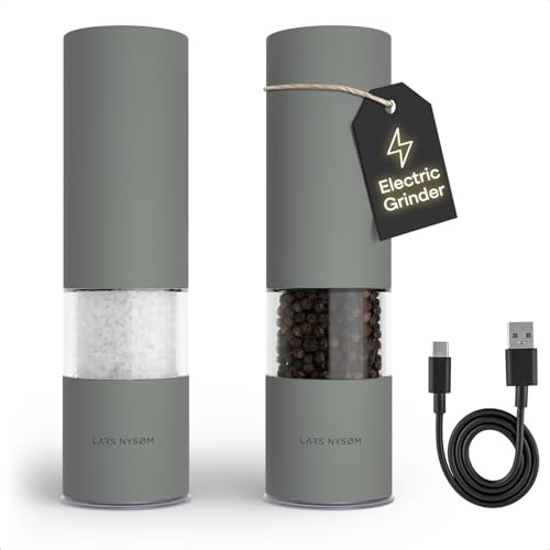 LARS NYSØM Moulin à Sel et Poivre Électrique | Moulins Automatiques en Acier Inoxydable avec Broyeur Céramique Réglable | Set de Moulins à Épices Rechargeables USB avec Lumière LED (Ash Gray)