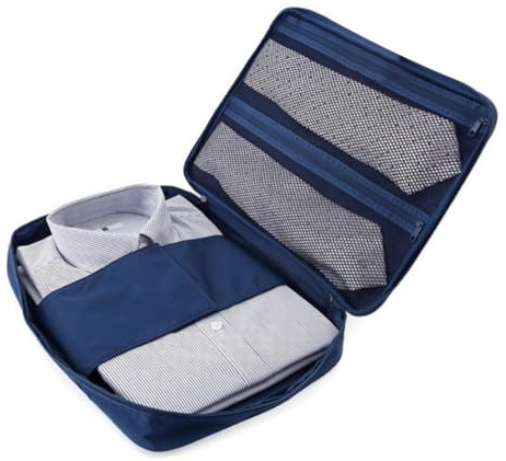 KAJNBN Organizer da Viaggio Blu Navy in Poliestere Resistente All'acqua per Camicie e Cravatte, Salvaspazio Tasche Indipendenti e Cinturino, per Viaggi di Lavoro
