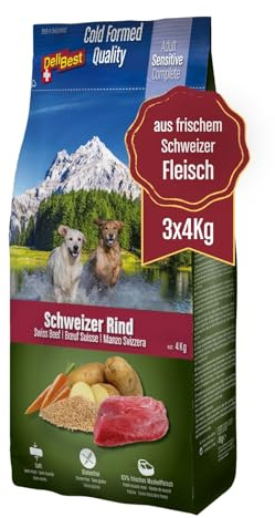 DeliBest Adult Sensitive Complete Dog Rind I Halbfeuchtes Futter für Hunde Adult I 100% Schweizer Rindfleisch I getreidefrei & ohne andere Zusätze I Hundefutter kaltgepresst I 3x4 kg Vorratspack