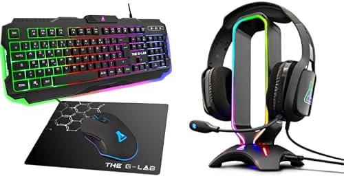 THE G-LAB Combo Helium - Ensemble Gaming 4 en 1 - Clavier Gamer AZERTY Rétroéclairé, Souris Gamer 3200 DPI, Écouteurs Intra-Auriculaires & K-Stand Radon Support pour Casque/Micro-Casque Gaming