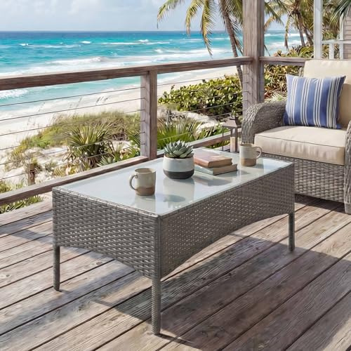 Mendler Poly-Rattan Gartentisch Halden-AM - grau | Beistelltisch, Tisch mit Glasplatte