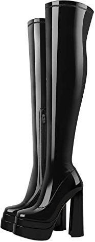Only maker Damen Plateau Stiefel Overknee Stretch Boots mit Blockabsatz Seitlicher Reißverschluss Lack Schwarz 39 EU