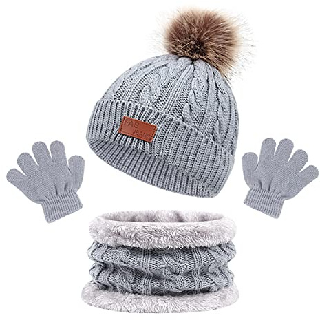 Jagowa Kids Winter Warm Beanie Hat Scarf Gloves Set Thermal Neck Warmer Elastic Soft Hat for Baby Toddler Girls Boys Outdoor Sports Winter Accessories Sets (Grey)