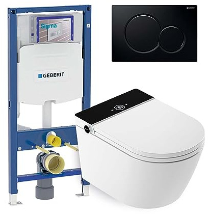 Mizubath - Set inodoro suspendido inteligente Rada display LED negro - Limpieza por agua y secado por aire | Bastidor empotrado Geberit Duofix 12cm Profundidad | Placa doble descarga Sigma 01 negro