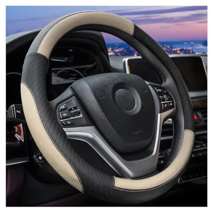 JNNJ Couvre Volant Voiture, Antidérapant Couvre Volant, Respirant Housse De Volant en Cuir, Housse De Volants 37-38cm, Voiture Accessoires D'intérieur Protecteurs pour Femmes Et Hommes(Noir/Beige)