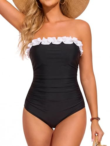 Smismivo Maillot de bain une pièce bandeau sans bretelles pour femme - Contrôle du ventre - Style vintage froncé, noir/blanc, Taille M