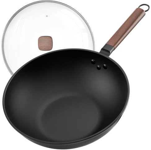 Jobin 33cm/13inch Wok in Carbon Steel di Alta Qualità con Coperchio in Vetro - Senza Rivestimenti Chimici per Cucina Asiatica, Compatibile con Piani Cottura a Induzione, Gas, Elettrici e in Ceramica