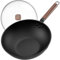 Jobin 33cm/13inch Premium Wokpfanne mit Glasdeckel - Kohlenstoffstahl Wok ohne chemische Beschichtung, Ideal für Asiatische Küche, Induktionstauglich für Gasherd, Elektro- und Ceranfeld