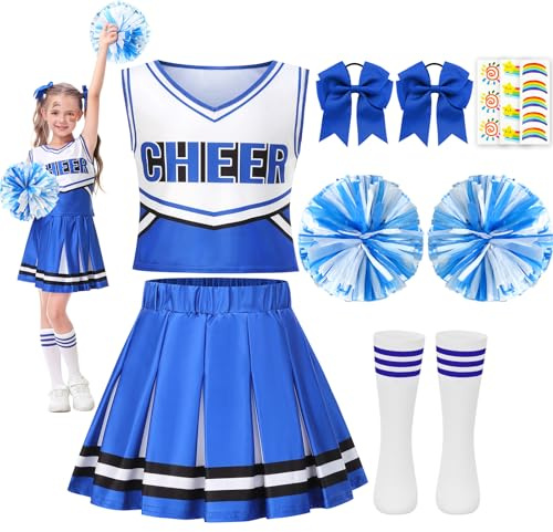 Cheerleader Kostüm Kinder, Cheerleader Kostüm Mädchen, Cheerleading Outfit Faschingskostüm mit Strümpfen Pom Poms Tattoos,Kinder Cheer Kostüme für Karneval, Fasching,High-School-Mottoparty,6-12 Jahre