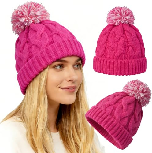 WDAIYEK Slouchy Chunky Knit Beanie with Pom Pom - Cozy Winter Bobble Hat for Women and Men Hot Pink