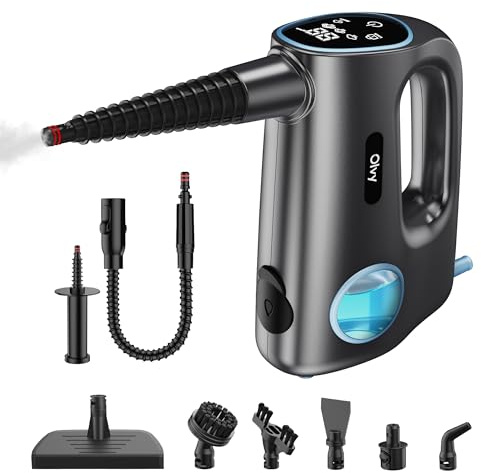 Olvy Pulitore a vapore manuale 1200 W Pentola portatile ad alta pressione con 3 livelli di vapore e set di accessori da 10 pezzi, serbatoio da 380 ml, per piastrelle di casa, mobili cucina e bagno
