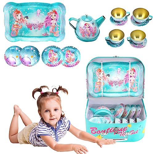 Koolbitz Colorful Tin Tea Party Set Including Metal Teapot, Saucers, Cups and Plates Washable Dishes Safe Material For Children Toy Indoor And Outdoor Playset Newyear Festive Gift