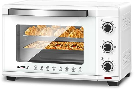 WOLTU Mini Four 32L avec Broche de Rôtisserie, 4 éléments chauffants, Minuterie 60 min, Température 100-230℃, 1600W, Porte à Double Vitrage, Blanc
