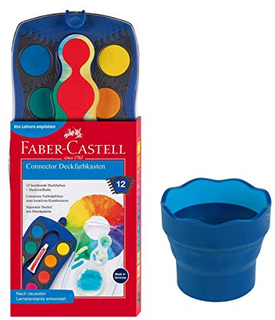 Faber-Castell 125001 - Farbkasten Blau Connector, 12 Farben (12er Farbkasten & Wasserbecher)