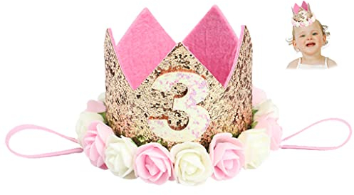 Hitopin 1Pz Principessa Fiore Corona con Numero 3 Neonati Corona Principessa Crown Fascia Accessori per Capelli Compleanno (Rosa)