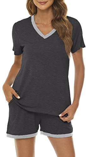 MoFiz Pijamas Mujer Verano Suave Conjunto de Pijama Corto Ropa de Dormir 2 Piezas Shorts y Camiseta Gris Oscuro XL